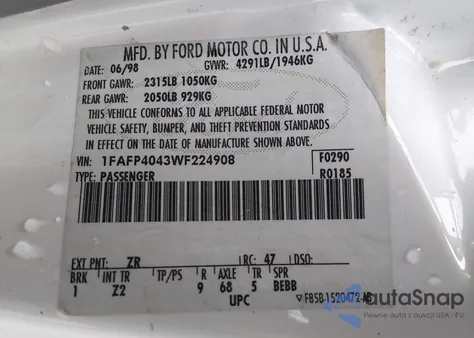 1998 Ford Mustang from USA, damaged, VIN 1FAFP4043WF224908